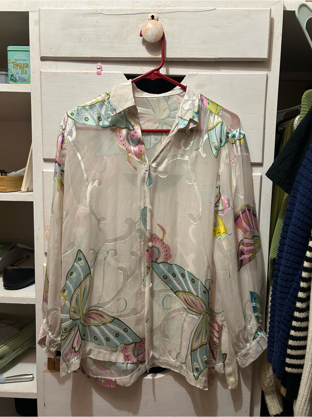 Vintage Sheer Floral Butterfly Button-Up Shirt